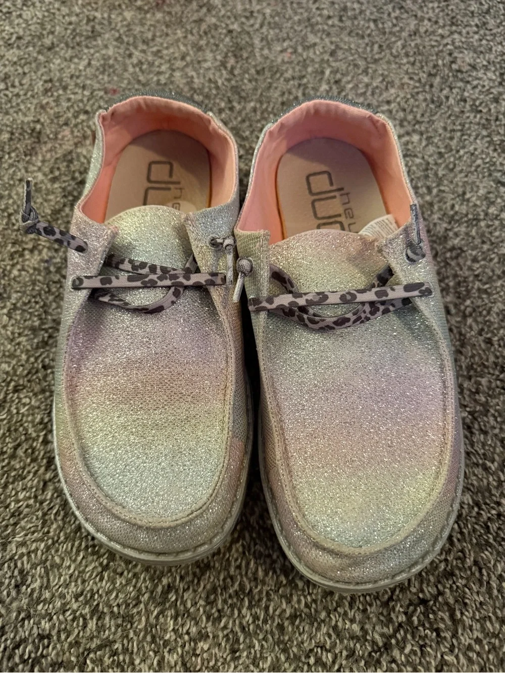 Hey Dude Kids Glitter Slip-On Moccasins in Iridescent Silver-Pink